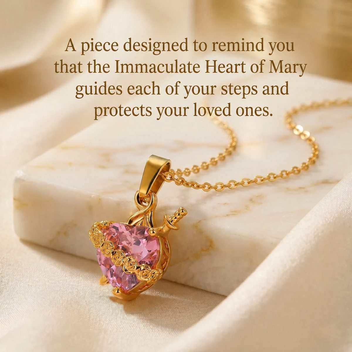 Light of Mary Soft Pink Necklace: Immaculate Heart in Infinite Crystal