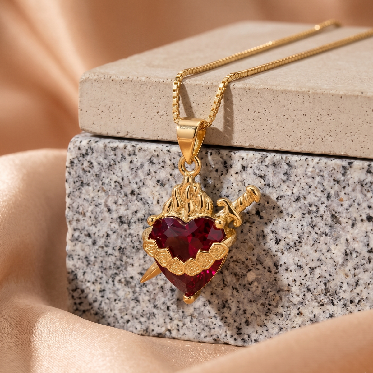 Light of Mary Crimson Red Necklace: Immaculate Heart in Infinite Crystal