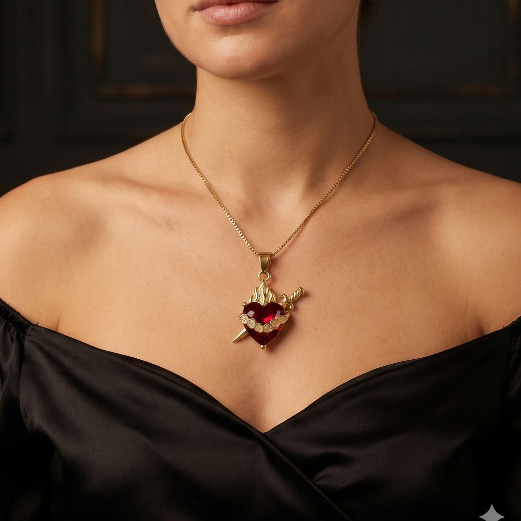 Light of Mary Crimson Red Necklace: Immaculate Heart in Infinite Crystal