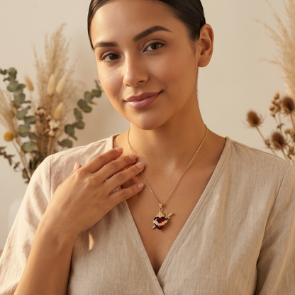 Light of Mary Crimson Red Necklace: Immaculate Heart in Infinite Crystal