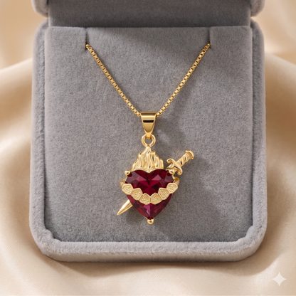 Light of Mary Crimson Red Necklace: Immaculate Heart in Infinite Crystal