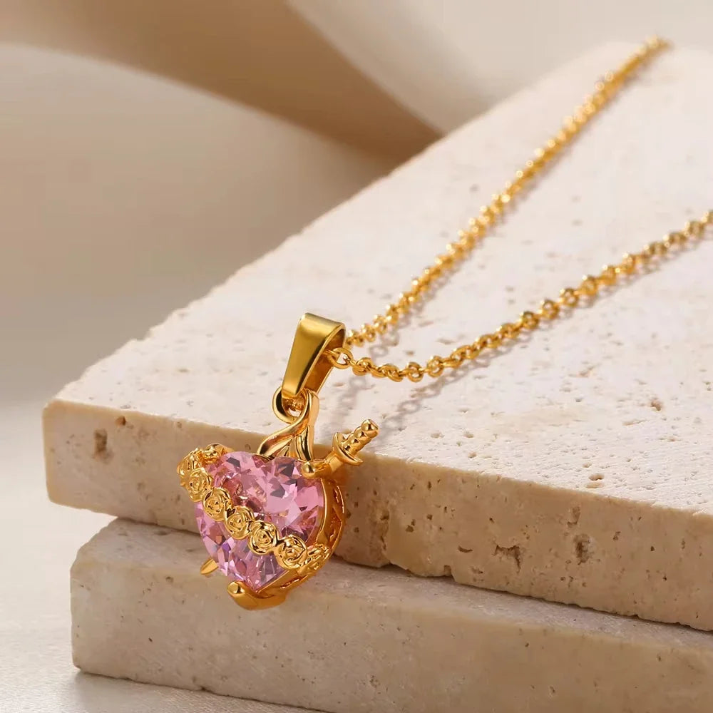 Light of Mary Soft Pink Necklace: Immaculate Heart in Infinite Crystal