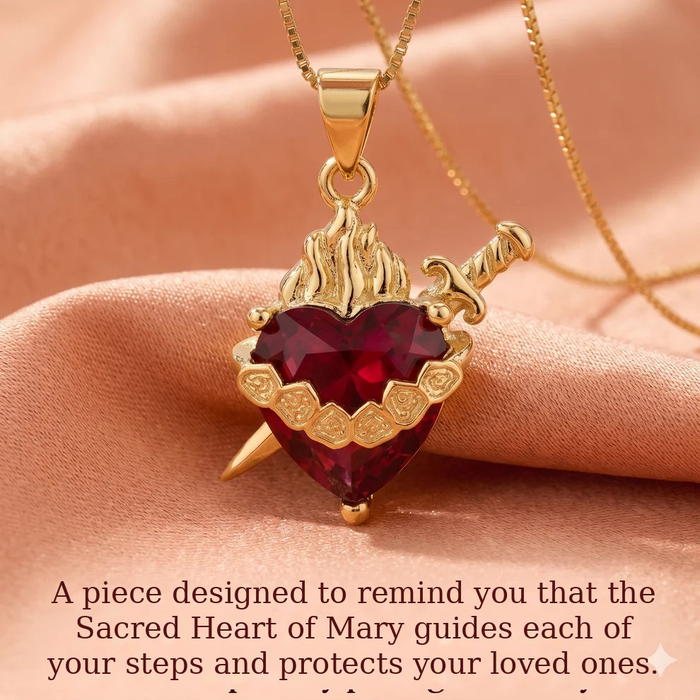 Light of Mary Crimson Red Necklace: Immaculate Heart in Infinite Crystal