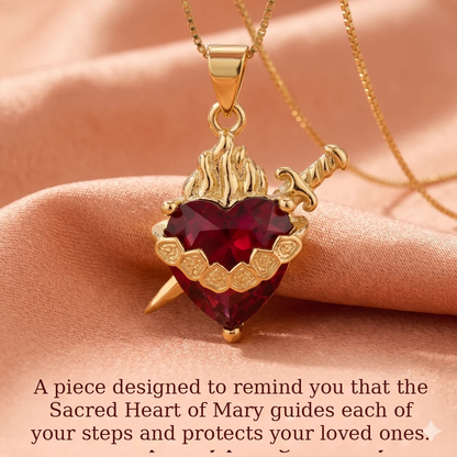 Light of Mary Crimson Red Necklace: Immaculate Heart in Infinite Crystal