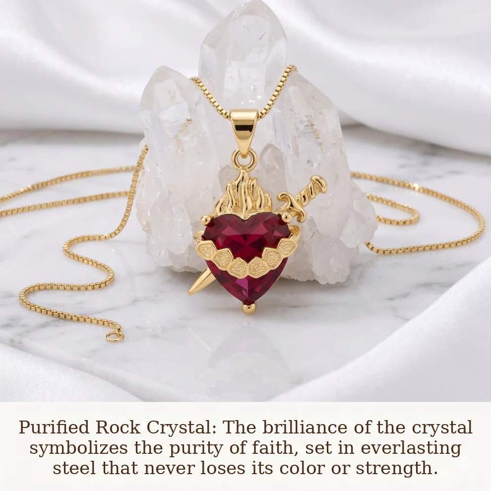 Light of Mary Crimson Red Necklace: Immaculate Heart in Infinite Crystal