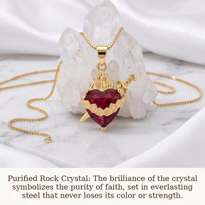 Light of Mary Crimson Red Necklace: Immaculate Heart in Infinite Crystal